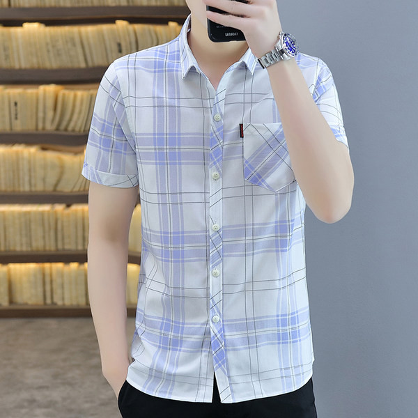 Карирана мъжка риза с джоб и къс ръкав-в два цвята