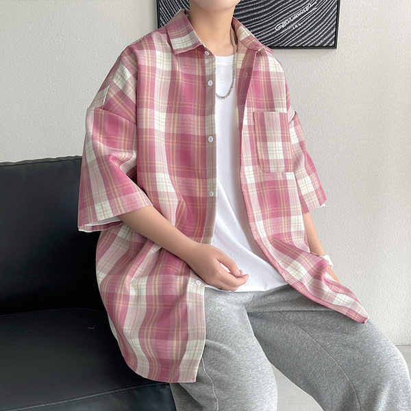 Ежедневна карирана риза за мъже с джоб и 3/4 ръкав