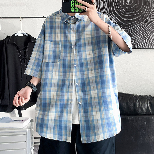 Ежедневна карирана риза за мъже с джоб и 3/4 ръкав