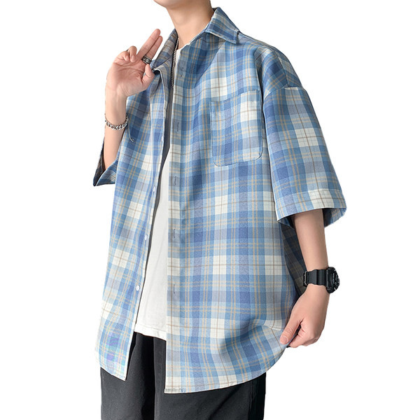 Ежедневна карирана риза за мъже с джоб и 3/4 ръкав