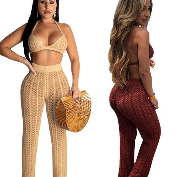 Aktualan ženski komplet za pletenje iz dva dijela - bustier sa hlačama