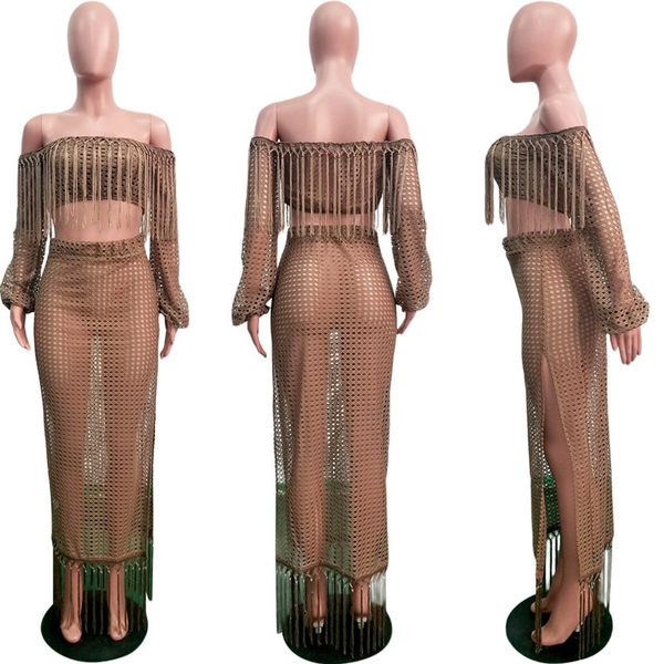 Mrežasti ženski komplet s dugom suknjom i poprsjem s resama