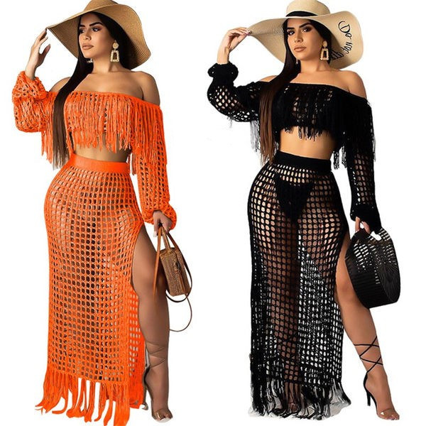 Mrežasti ženski komplet s dugom suknjom i poprsjem s resama