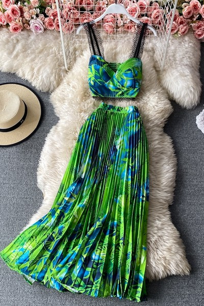 Suvine naiste komplekt topi ja pika plisseeritud seelikuga