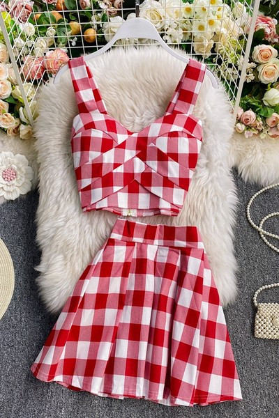 Karirani ženski komplet dvodijelni u dvije boje