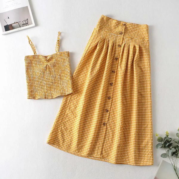 Vasaras rūtainu rūtu un svārku komplekts ar pogām