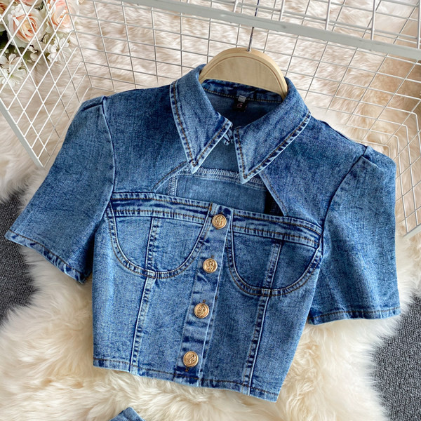 Novi model ženskog teksas kompleta na dugmad u plavoj boji