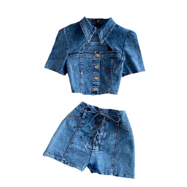 Novi model ženskog teksas kompleta na dugmad u plavoj boji