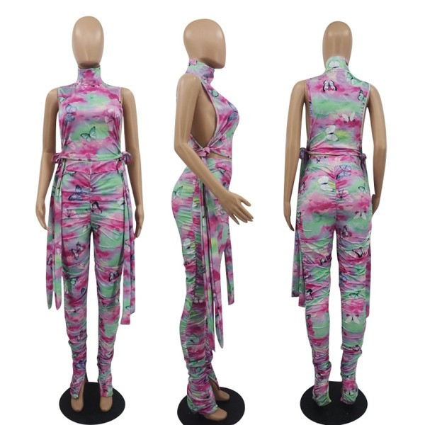 Daudzkrāsains sieviešu komplekts no divām daļām ar garām saitēm