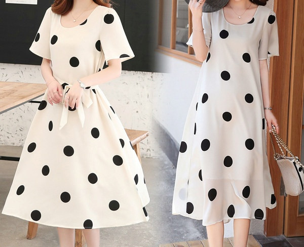 Elegantna ženska točkasta haljina s ovalnim izrezom za trudnice