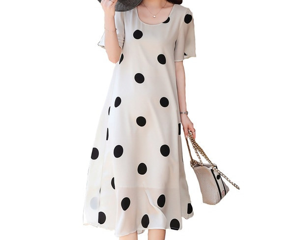 Elegantna ženska točkasta haljina s ovalnim izrezom za trudnice