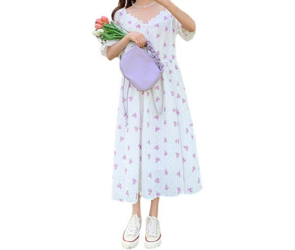 Elegantna ženska haljina s cvjetnim uzorkom i ovalnim izrezom za trudnice