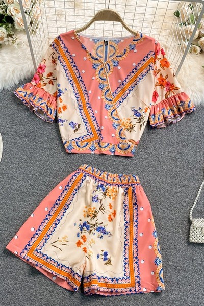 Ženski ljetni komplet s elastičnim strukom i cvjetnim uzorkom