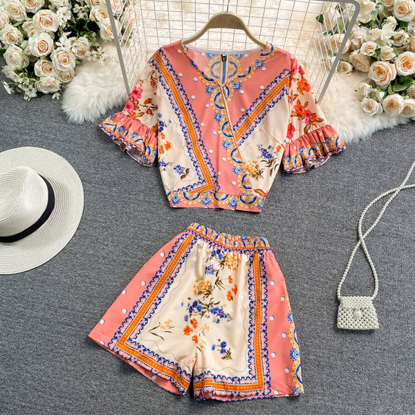 Ženski ljetni komplet s elastičnim strukom i cvjetnim uzorkom