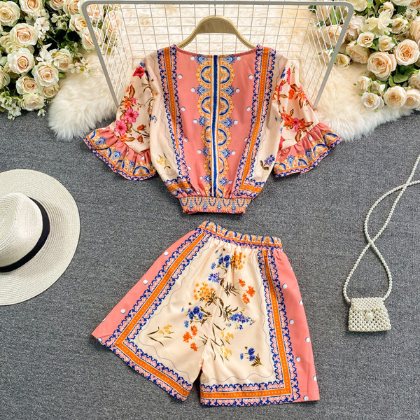 Ženski ljetni komplet s elastičnim strukom i cvjetnim uzorkom