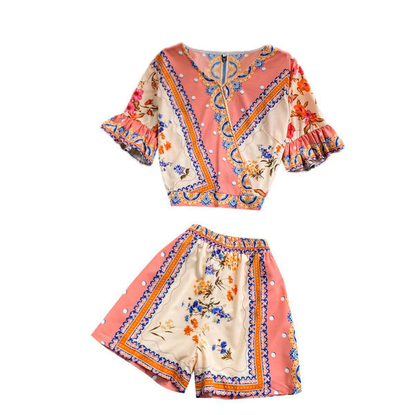 Ženski ljetni komplet s elastičnim strukom i cvjetnim uzorkom