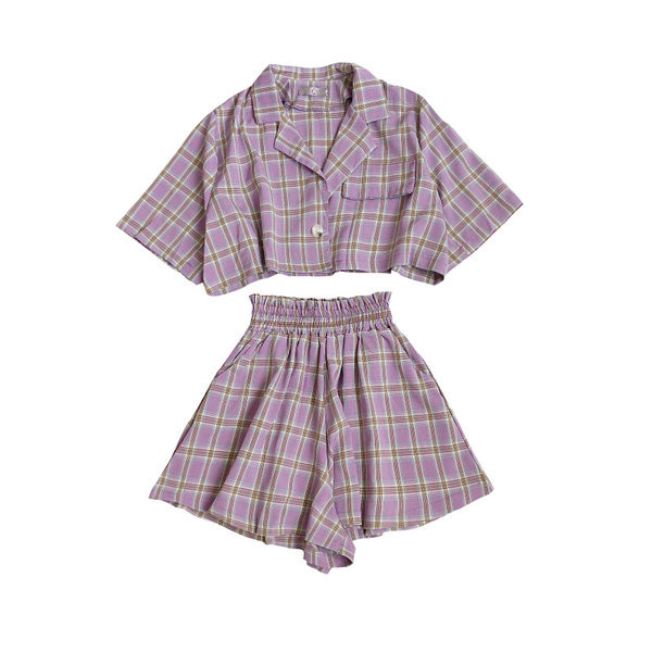 Ženski karirani set iz dva dijela sa gumbom