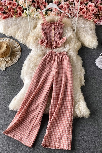 Karirani ženski komplet iz dva dijela - majica bez rukava i duge ravne hlače