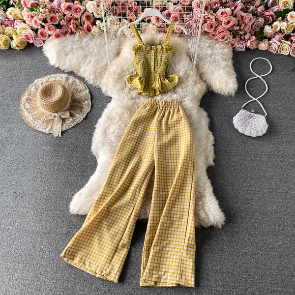 Karirani ženski komplet iz dva dijela - majica bez rukava i duge ravne hlače