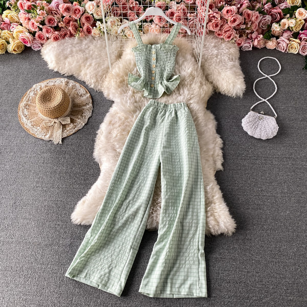 Karirani ženski komplet iz dva dijela - majica bez rukava i duge ravne hlače