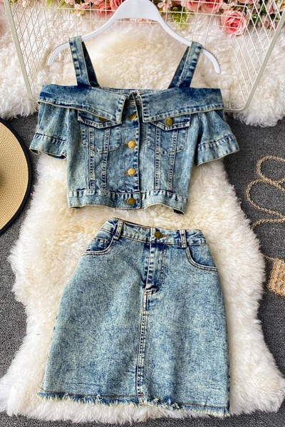 Ženski traper set u plavoj boji s gumbima