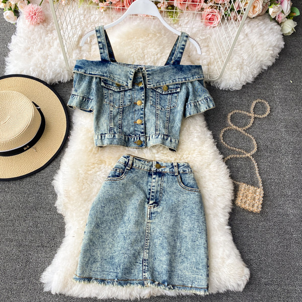 Ženski traper set u plavoj boji s gumbima