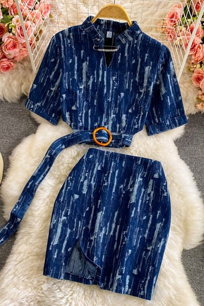 Ženski teksas set iz dva dela plave boje