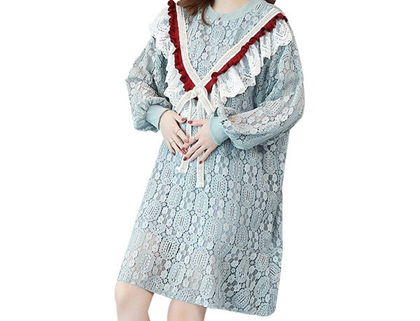 Moderna ženska čipkasta haljina s dugim rukavima za trudnice