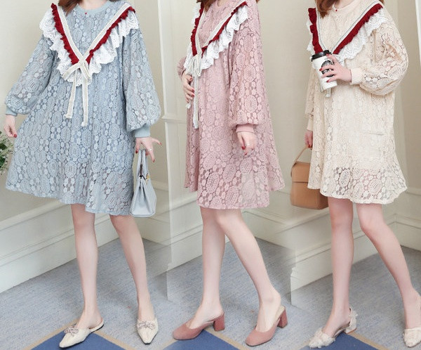 Moderna ženska čipkasta haljina s dugim rukavima za trudnice