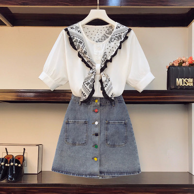 Γυναικείο μοντέρνο σετ πουκάμισου και τζιν φούστα