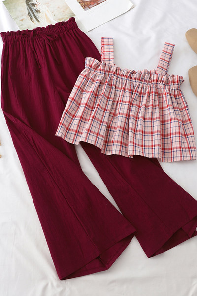 Καλοκαιρινό γυναικείο σετ καρό και παντελόνι