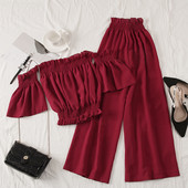 Jauna modeļa vasaras komplekts īsa blūze ar atkailinātiem pleciem un biksēm