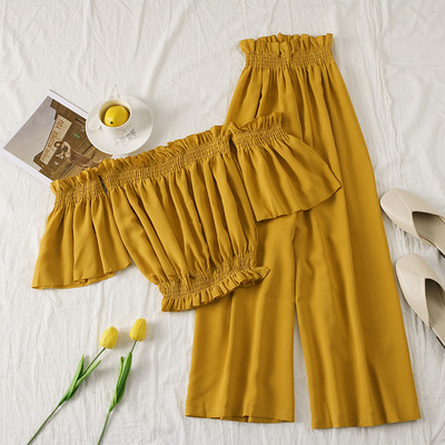 Jauna modeļa vasaras komplekts īsa blūze ar atkailinātiem pleciem un biksēm