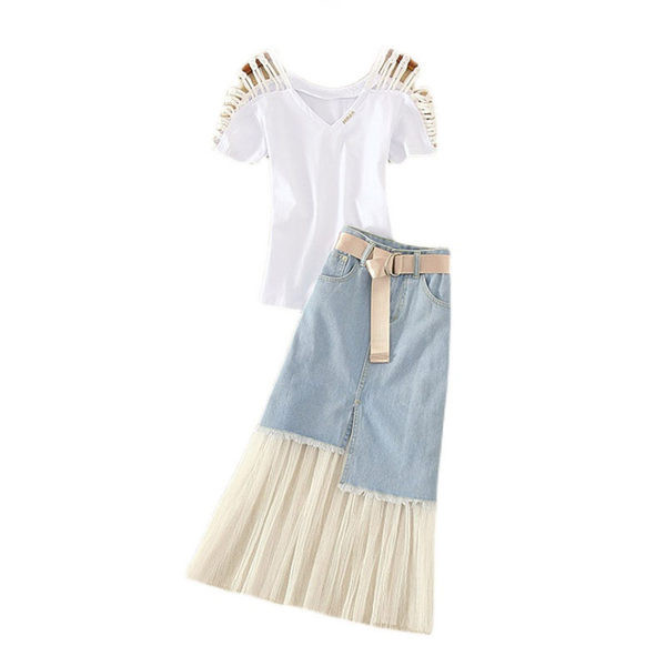 Moderan ženski komplet od traper suknje i majice