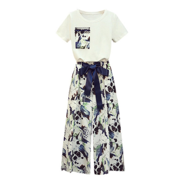 Elegantan ženski komplet s trakom i cvjetnim uzorkom - dva dijela