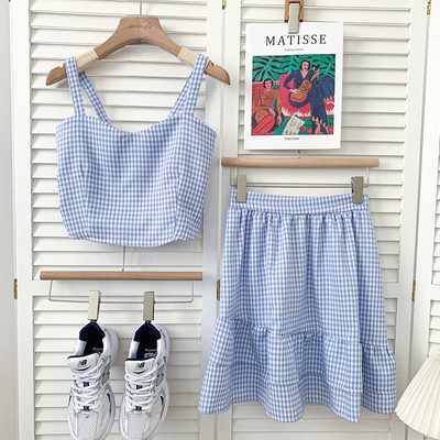 Καλοκαιρινό καρό σετ για γυναίκες - φανελάκι και φούστα