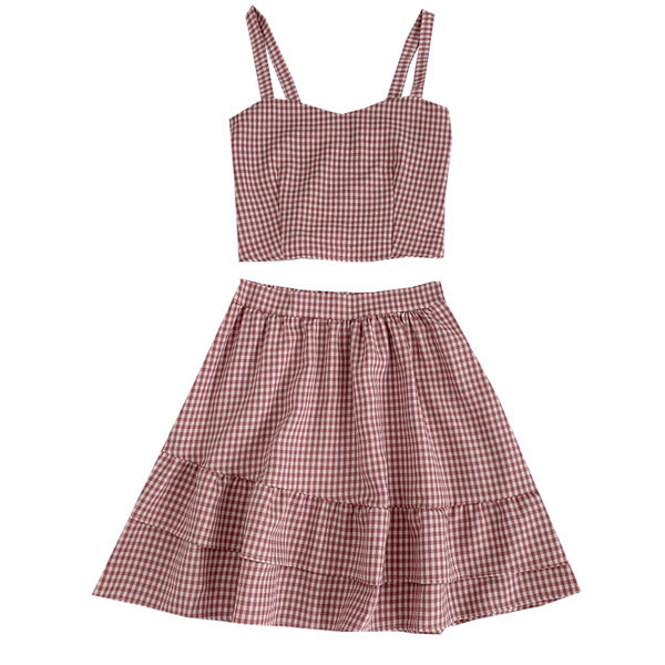 Καλοκαιρινό καρό σετ για γυναίκες - φανελάκι και φούστα