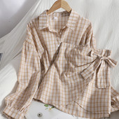 Karirani ženski komplet košulja i suknja s trakom