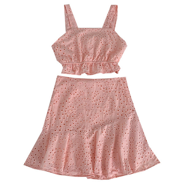 Ljetni set za žene s vezom - kratka majica bez rukava i suknja