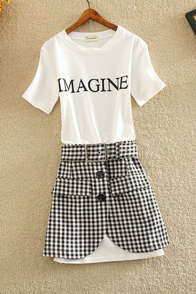 Mūsdienīgs sieviešu t-kreklu komplekts ar uzrakstu un svārkiem