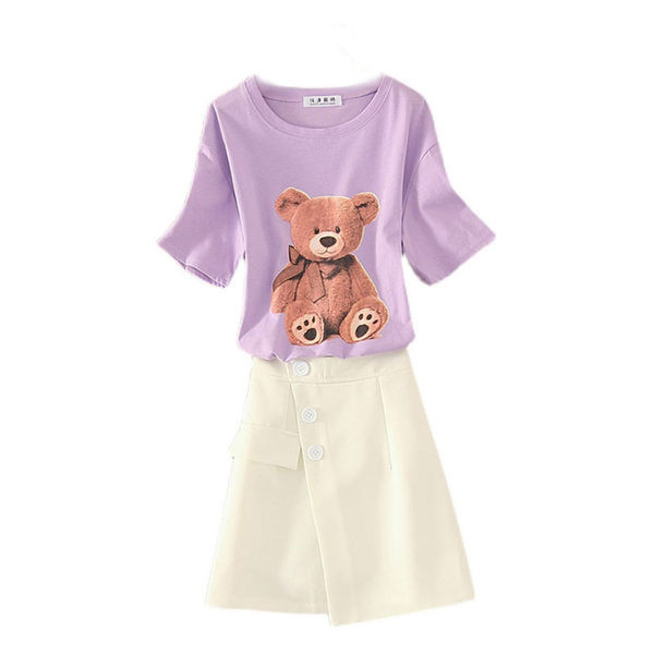 Sieviešu T-kreklu komplekts ar aplikāciju un svārkiem