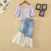 Ženski komplet od traper suknje i bluze na gumbe