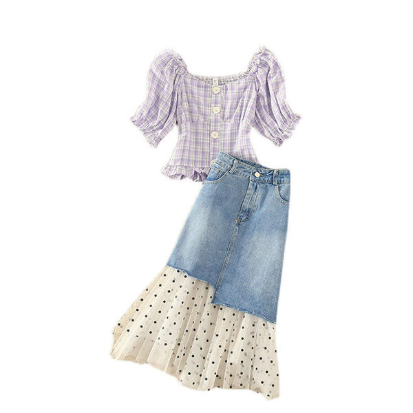 Ženski komplet od traper suknje i bluze na gumbe