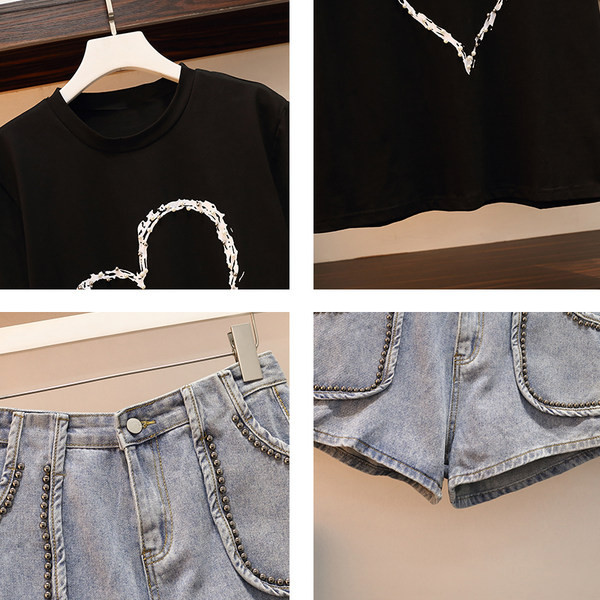 Vasariškas moteriškas marškinėlių komplektas su širdele ir džinsiniais šortais