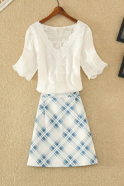 Ženska moderna bluza sa čipkom i suknjom