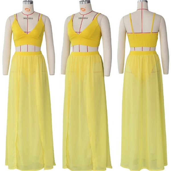 Elegantan ženski komplet iz dva dijela - duga suknja i majica na tanke naramenice