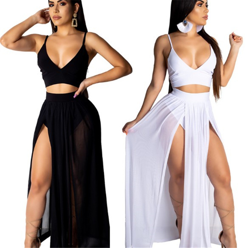 Elegantan ženski komplet iz dva dijela - duga suknja i majica na tanke naramenice