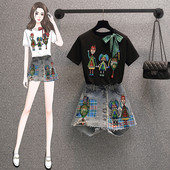 Sieviešu blūzes un džinsu komplekts ar izšuvumiem un fliteriem