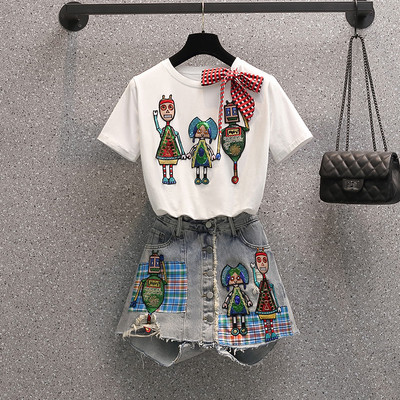 Sieviešu blūzes un džinsu komplekts ar izšuvumiem un fliteriem