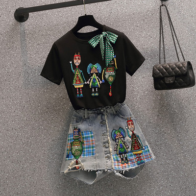 Sieviešu blūzes un džinsu komplekts ar izšuvumiem un fliteriem